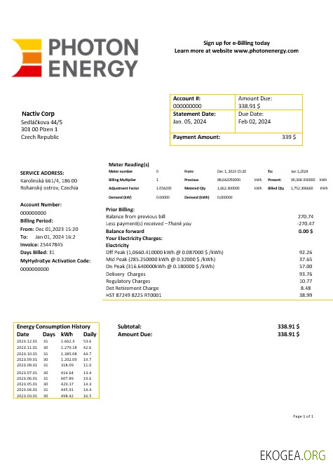 Modèle de facture de services publics pour les entreprises Photon Energy de République tchèque aux formats Word et PDF